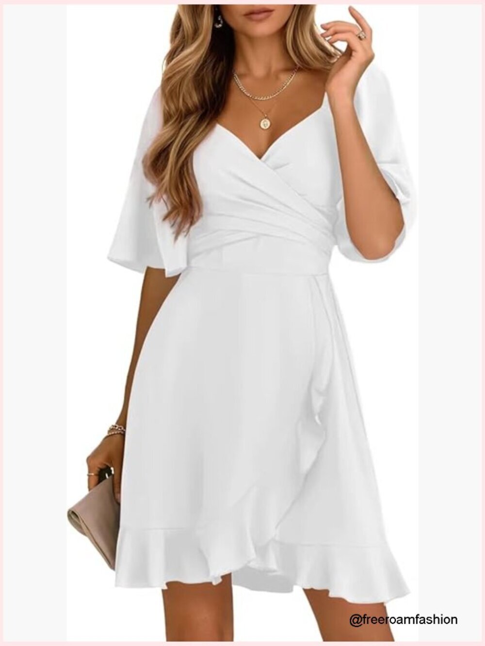 Wrap V Neck Mini Dress with Flared Sleeves Smocked Waist Tiered Ruffle Hem